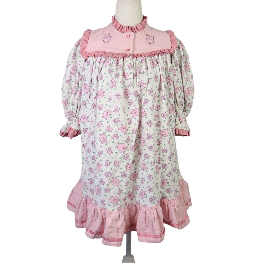 Vintage 80s White and Pink Pig Print Flannel Nightgown Dress Girls 12